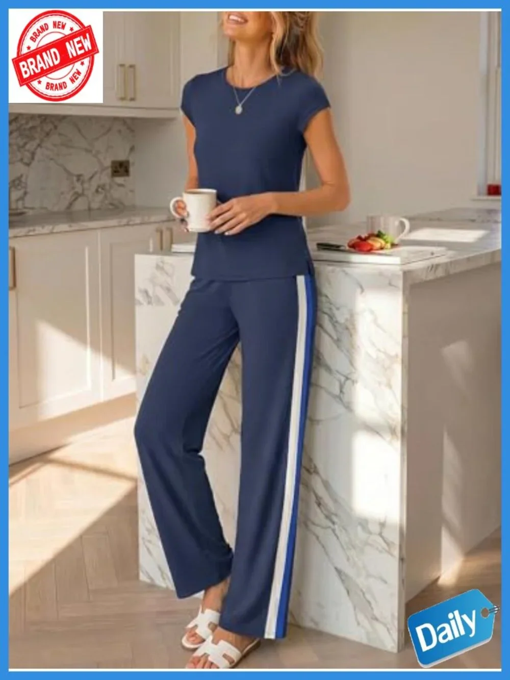 2 Piece Lounge Set for Women – Navy Side Stripe Pants & Cap Sleeve Top